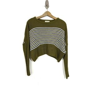 Urban Outfitters Cropped Sweater Size XS Army Green Knit Striped Long Sleeve Top